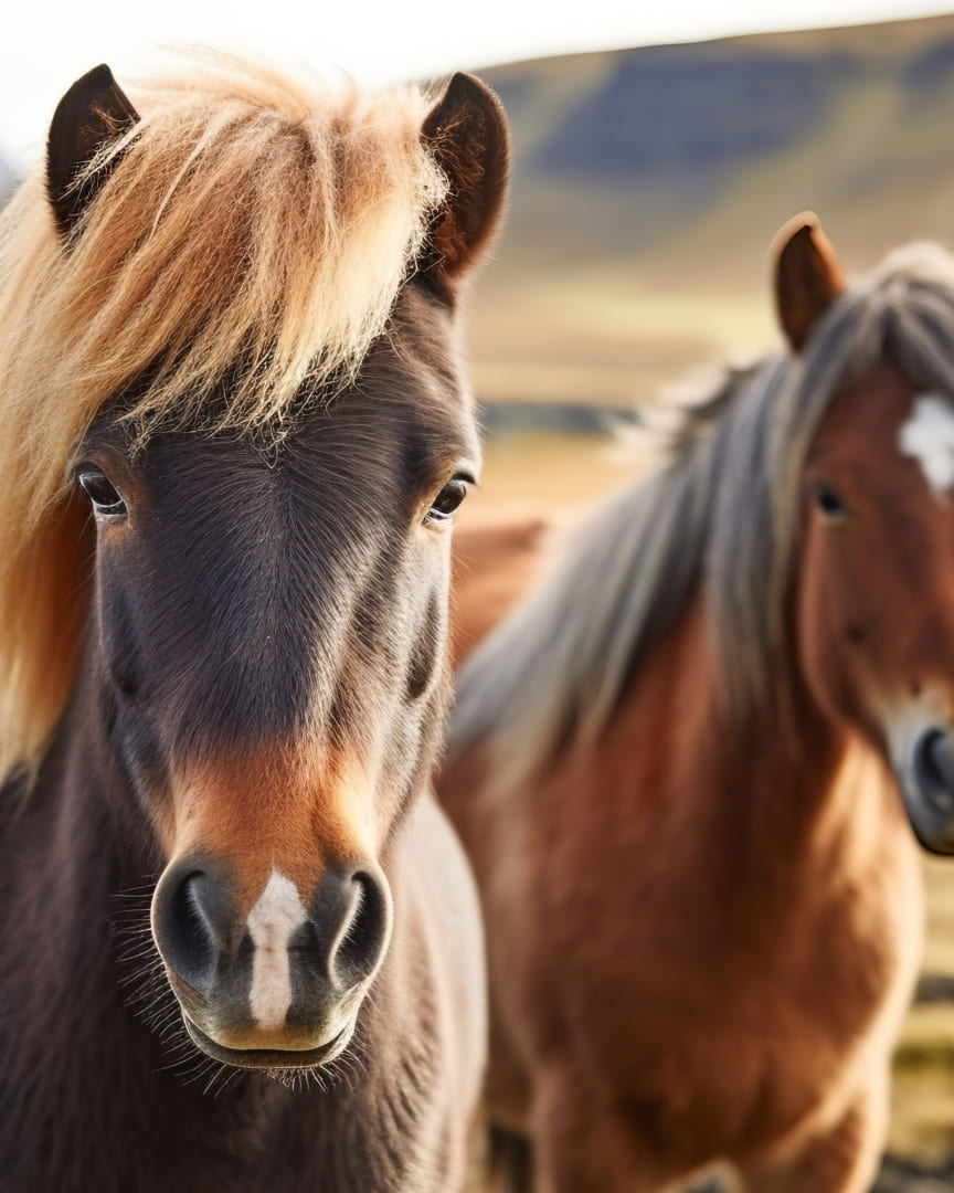 Ein dunkelbraunes Islandpferd mit heller Mähne blickt direkt in die Kamera, während ein weiteres Pferd im Hintergrund steht.