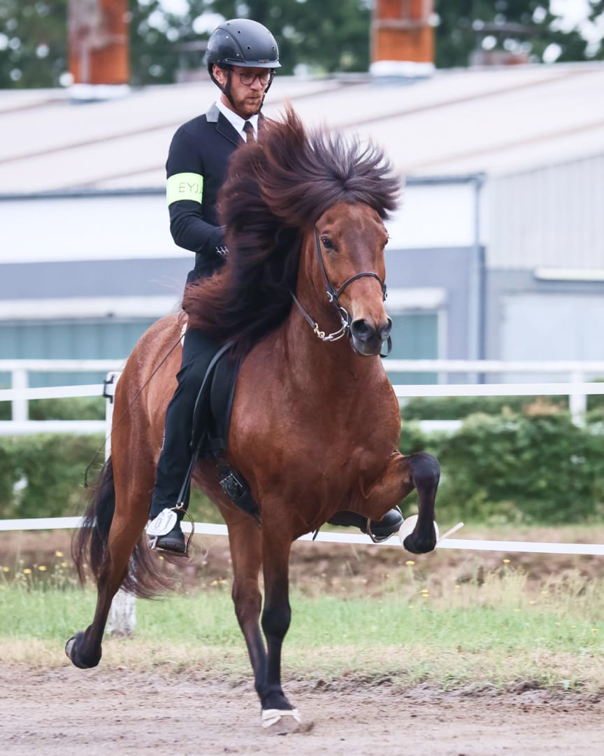 Fabian-Schrader-Ueber-mich-0 Ein Reiter in Turnierkleidung reitet ein braunes Islandpferd mit wehendem Langhaar auf einer Ovalbahn.